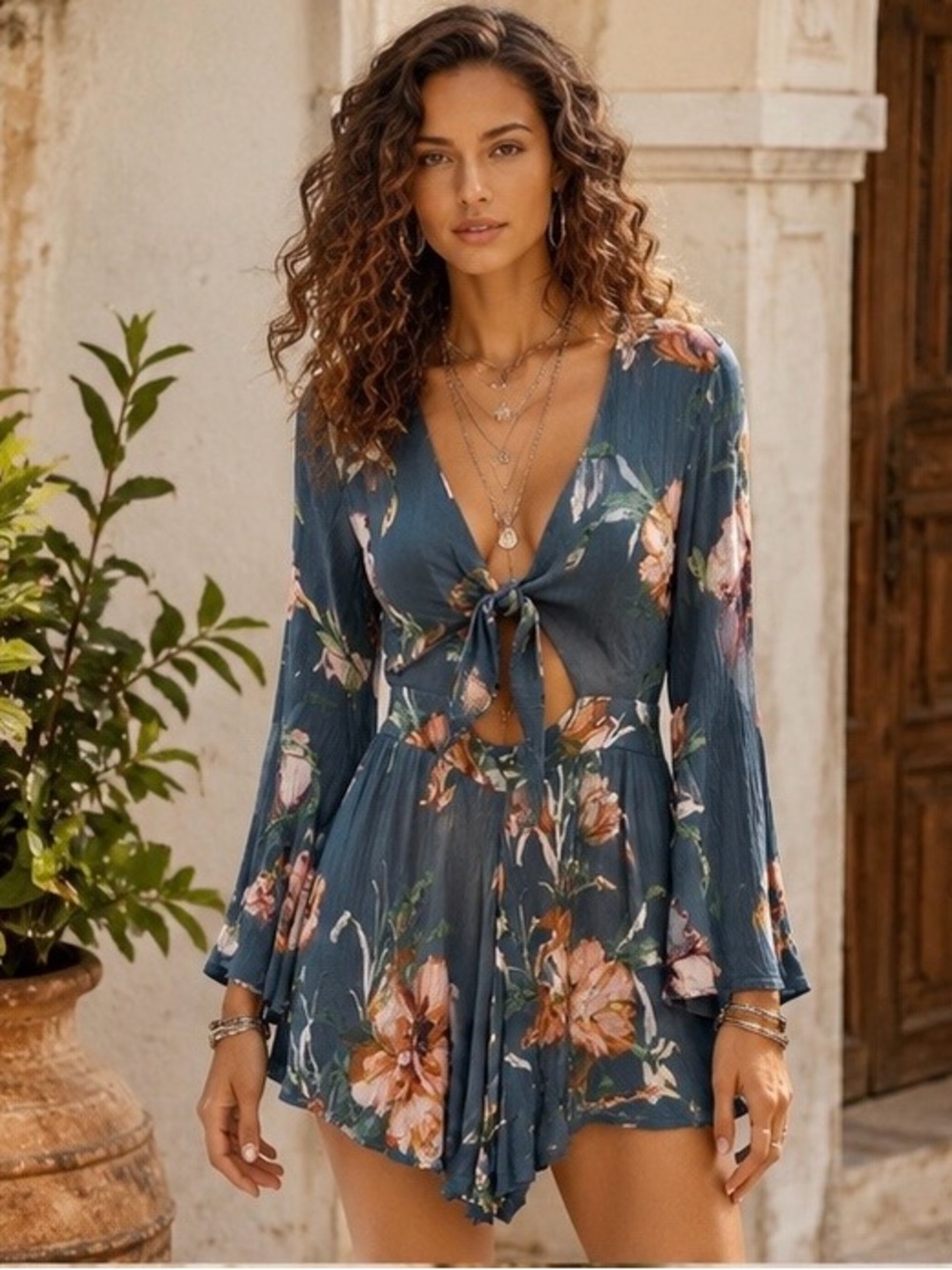 ILLA ILLA Boho Floral Romper Teal Bell Sleeve | Peekaboo Tie Front Festival | S
